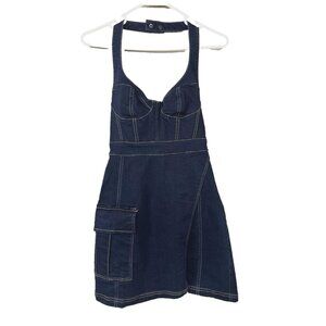 Urban Outfitters S Y2K Denim Halter Babydoll Mini Dark Dress Grunge Streetwear